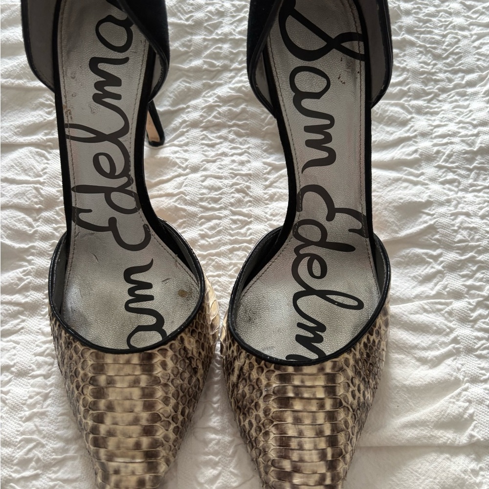 Sam Edelman Black and Tan Snakeskin Heels